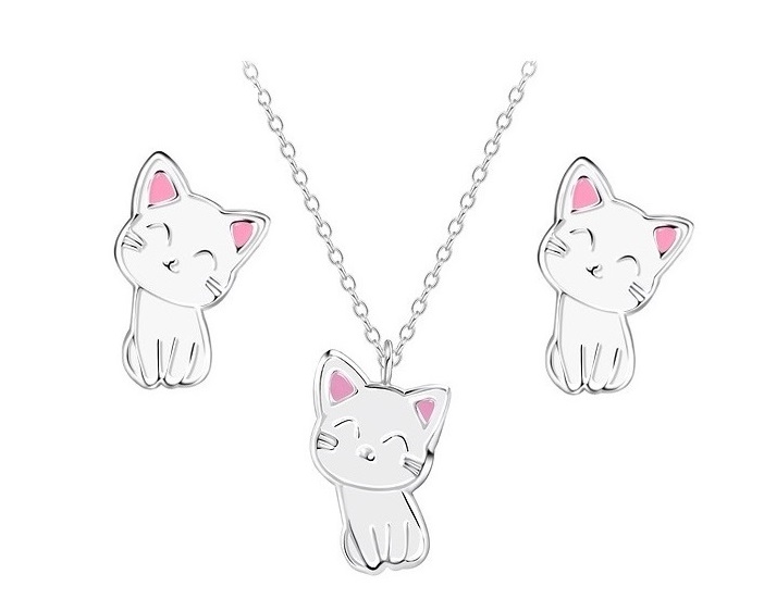 cat-set-earrings-necklace-pandea-silver-kids